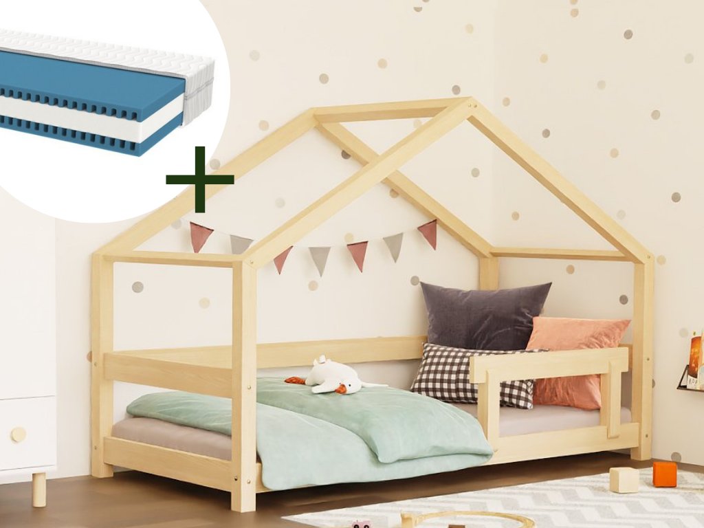 Sada: Biela domčeková posteľ LUCKY 120 x 200 cm s detským penovým matracom METROPOLIS
