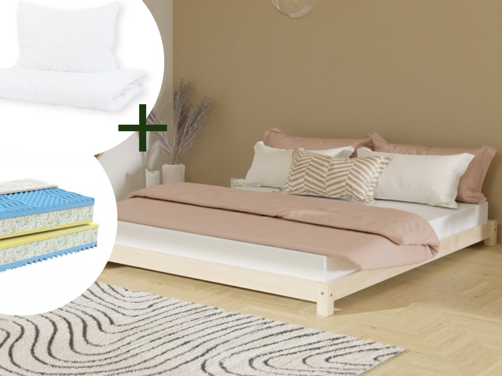 Sada: Dvojlôžková posteľ TATAMI 180 x 200 cm s dvoma penovými matracmi DITA a dvoma setmi lôžkovín z dutého vlákna
