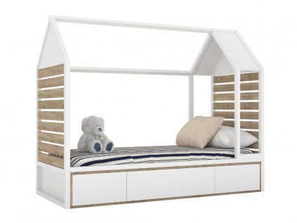 Dětské dřevěné jednolůžko domeček s úložným prostorem TUTU 90x200 cm (Zvolte barvu Bílá, dub sonoma)