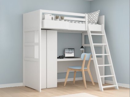 Biela vyvýšená posteľ SIMONE s rebríkom, skriňou, písacím stolom a policou 90x200 cm