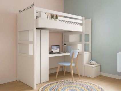 Biela vyvýšená posteľ SIMONE s úložnými schodmi, skriňou, písacím stolom a policou 90x200 cm