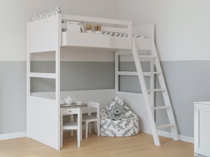 Biela vyvýšená posteľ SIMONE s rebríkom a policou 90x200 cm