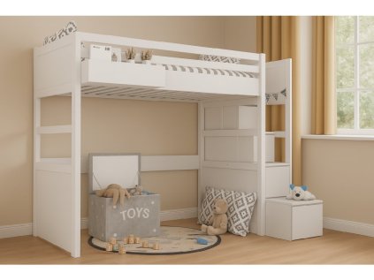 Biela vyvýšená posteľ SIMONE s úložnými schodmi a policou 90x200 cm