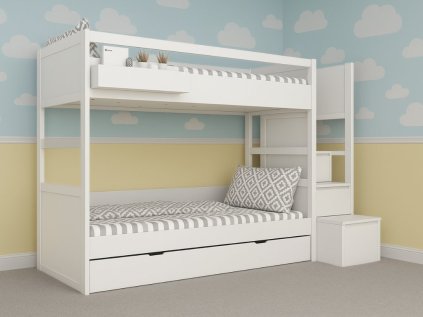 Biela detská poschodová posteľ SIMONE s úložnými schodmi a policou 90x200 cm