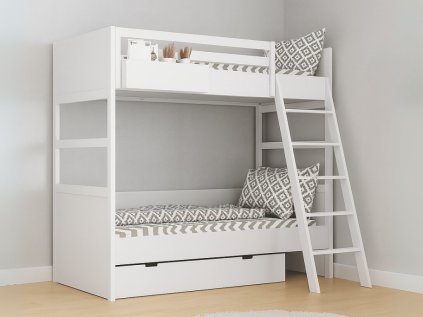 Biela detská poschodová posteľ SIMONE s rebríkom a policou 90x200 cm
