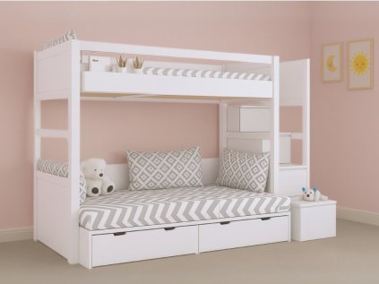 Biela poschodová posteľ s dvoma lôžkami SIMONE s úložnými schodmi a policou 90x200 cm, 120x200 cm