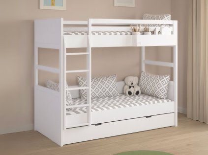 Biela poschodová posteľ s dvoma lôžkami SIMONE s rebríkom a policou 90x200 cm