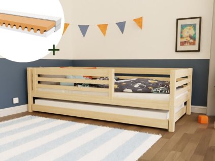 Vysoká detská drevená posteľ TULY so zábranou a prístelkou 90x200 + matrac WAVE (Zvoľte farbu Transparentná vosková lazura matná, Zvoľte zábranu S jednou zábranou)