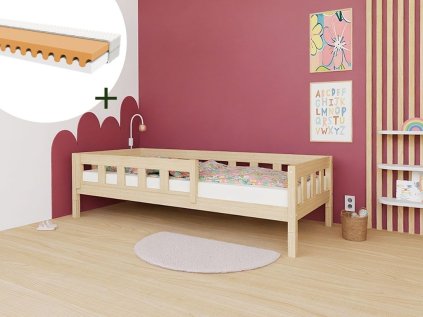 Vysoká jednolôžková posteľ PLOTTY so zábranou 90x200 cm + matrac WAVE (Zvoľte farbu Transparentná vosková lazura matná, Zvoľte zábranu S otvoreným vstupom)