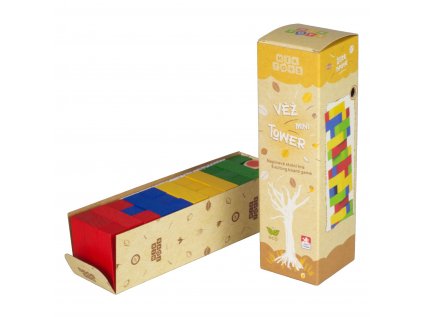 Farebná rozšírená verzia veže JENGA MINI s hracou kockou