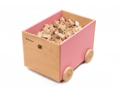 Drevený box na kolieskach na ukladanie stavebnice
