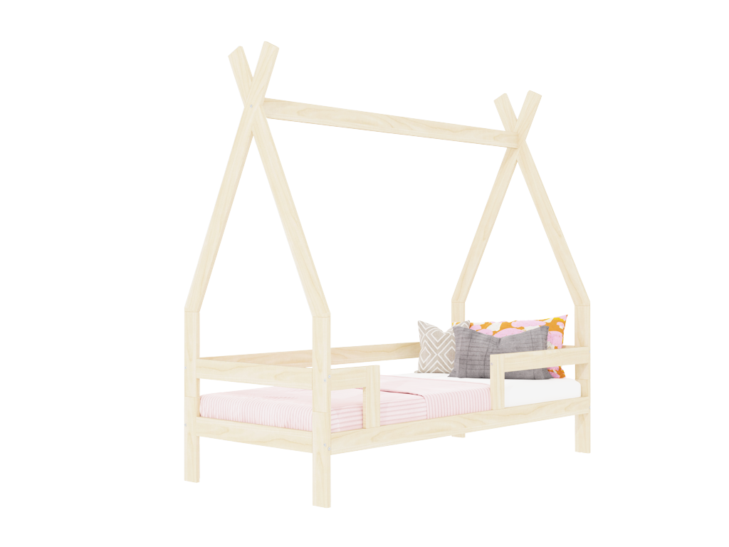 Benlemi Detská drevená posteľ SAFE 5v1 v tvare teepee so zábranou Zvoľte farbu: Nelakovaná, Zvoľte rozmer: 90x200 cm, Zvoľte zábranu: S dvoma zábranami