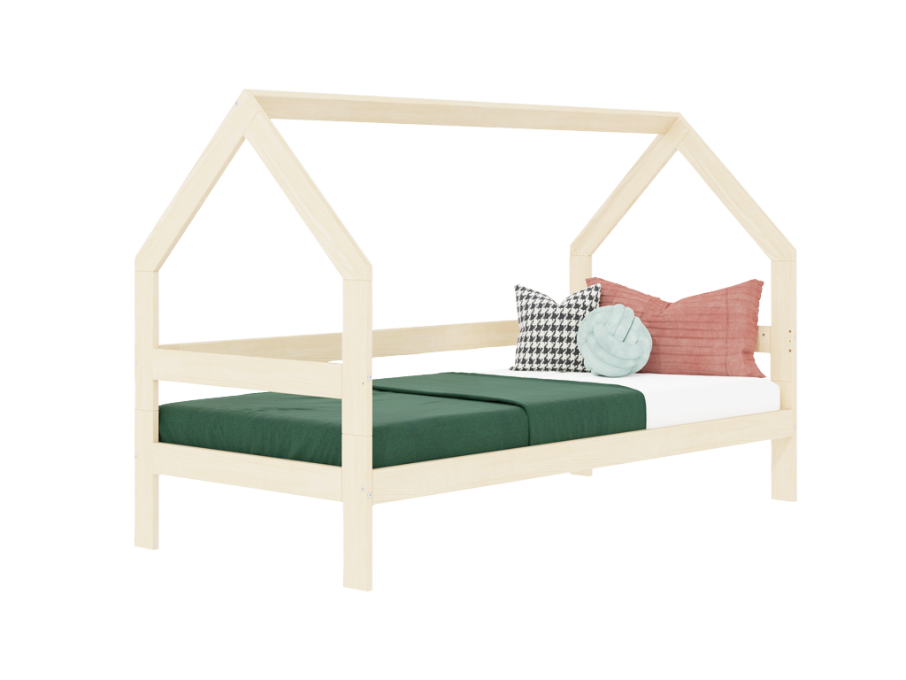 Benlemi Detská drevená posteľ domček SAFE 3v1 so zábranou Zvoľte farbu: Nelakovaná, Zvoľte rozmer: 90x200 cm, Zvoľte zábranu: S otvoreným vstupom