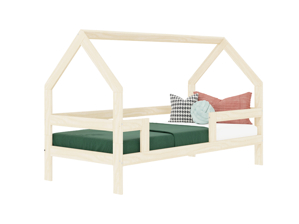 Benlemi Detská drevená posteľ domček SAFE 3v1 so zábranou Zvoľte farbu: Nelakovaná, Zvoľte rozmer: 90x200 cm, Zvoľte zábranu: S dvoma zábranami