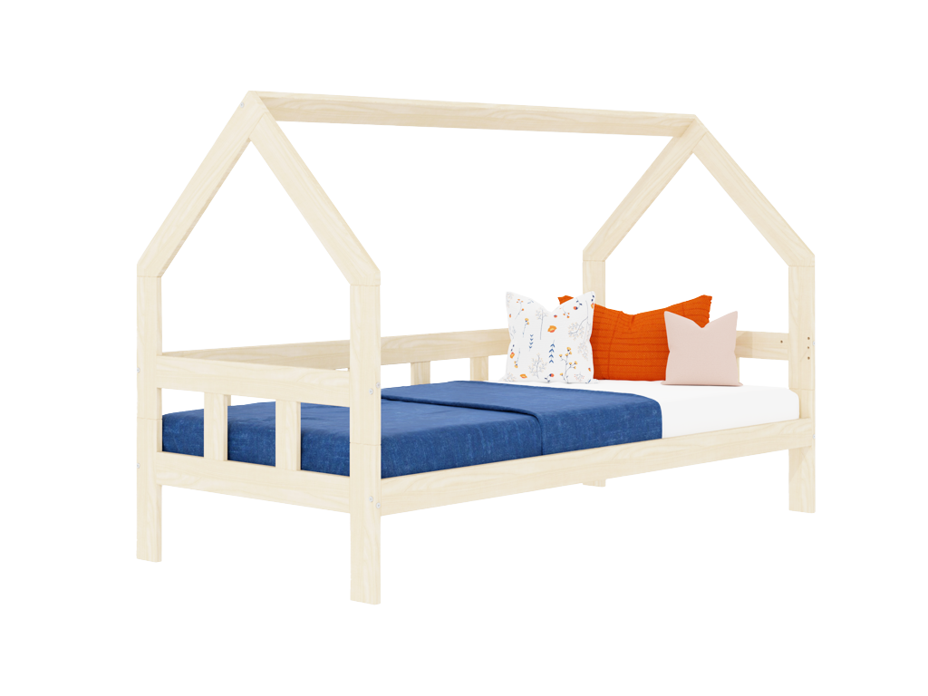 Benlemi Detská posteľ domček FENCE 2v1 z dreva so zábranou Zvoľte farbu: Šalviová zelená, Zvoľte rozmer: 90x200 cm, Zvoľte zábranu: S otvoreným vstupom