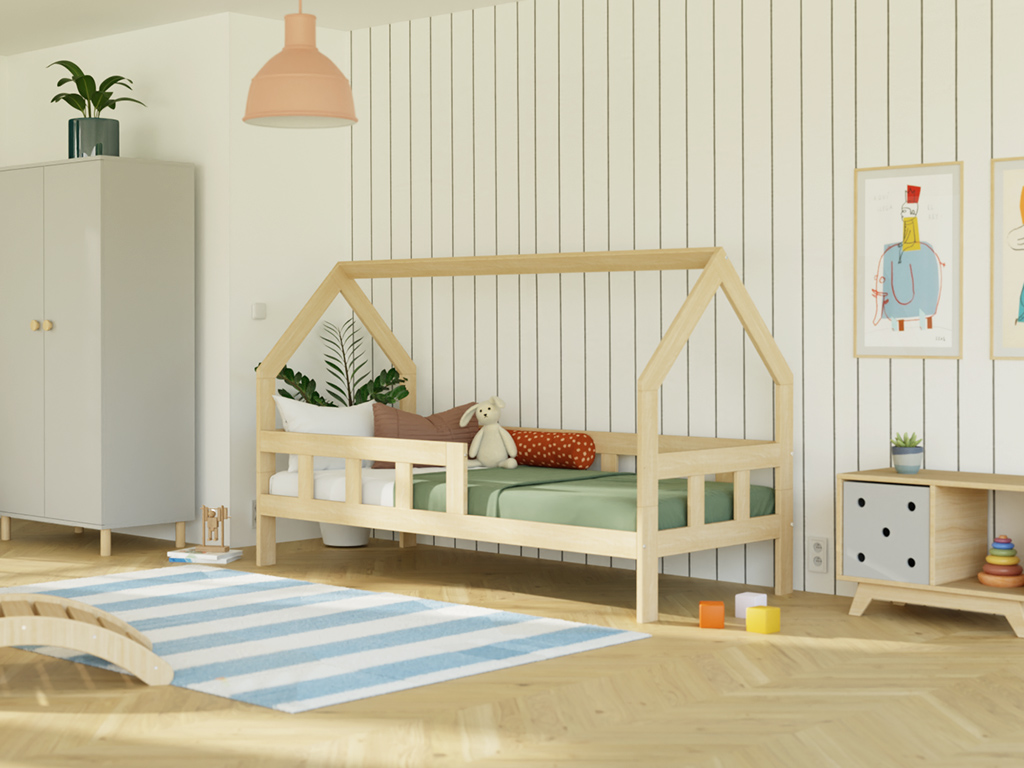 E-shop Benlemi Detská posteľ domček FENCE 2v1 z dreva so zábranou Zvoľte farbu: Pastelovo ružová, Zvoľte rozmer: 90x190 cm, Zvoľte zábranu: S jednou zábrano…