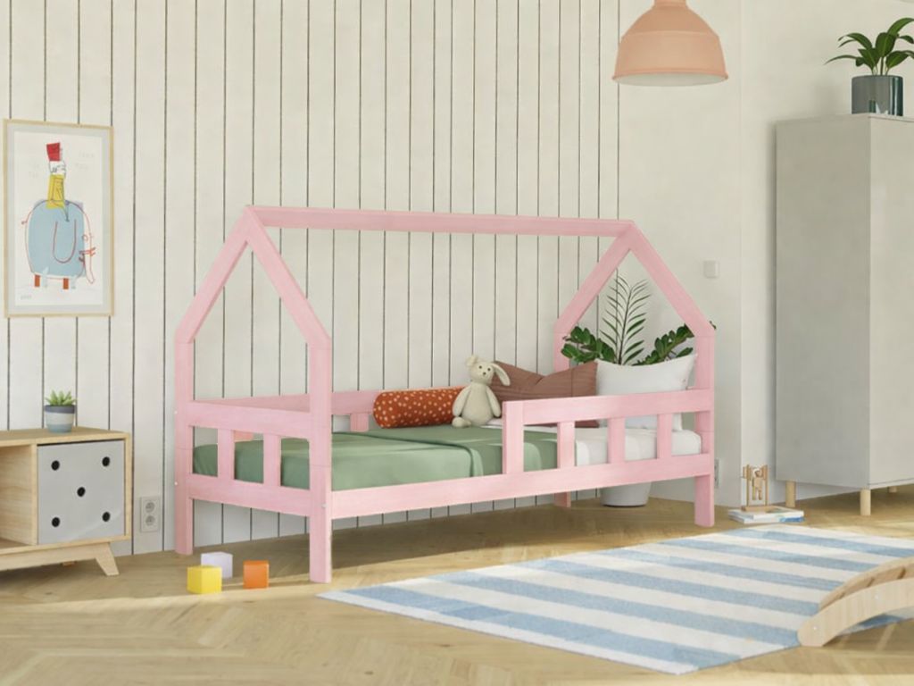 Benlemi Detská posteľ domček FENCE 2v1 z dreva so zábranou Zvoľte farbu: Pastelovo ružová, Zvoľte rozmer: 90x190 cm, Zvoľte zábranu: S jednou zábrano…