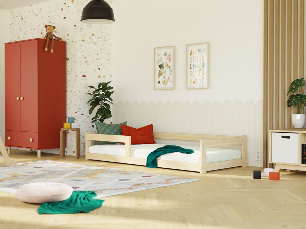 E-shop Benlemi Nízka jednolôžková posteľ z dreva SAFE 5v1 so zábranou Zvoľte farbu: Pastelovo ružová, Zvoľte rozmer: 90x180 cm, Zvoľte zábranu: S jednou záb…