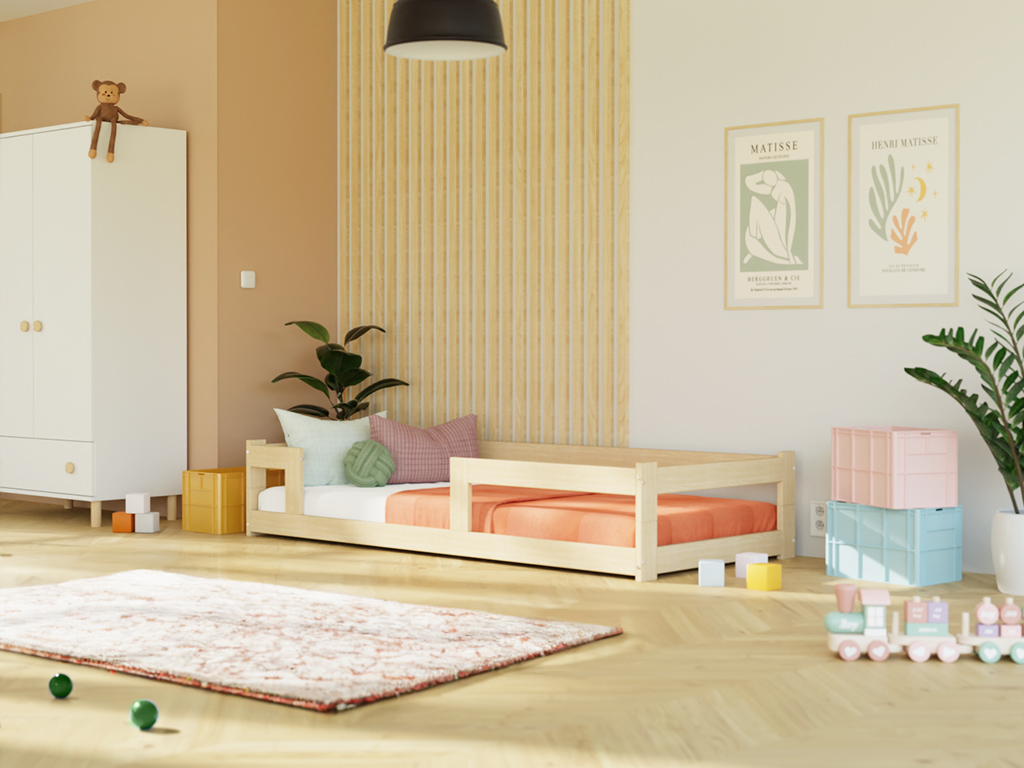 E-shop Benlemi Nízka jednolôžková posteľ z dreva SAFE 5v1 so zábranou Zvoľte farbu: Šalviová zelená, Zvoľte rozmer: 120x200 cm, Zvoľte zábranu: S dvoma zábr…