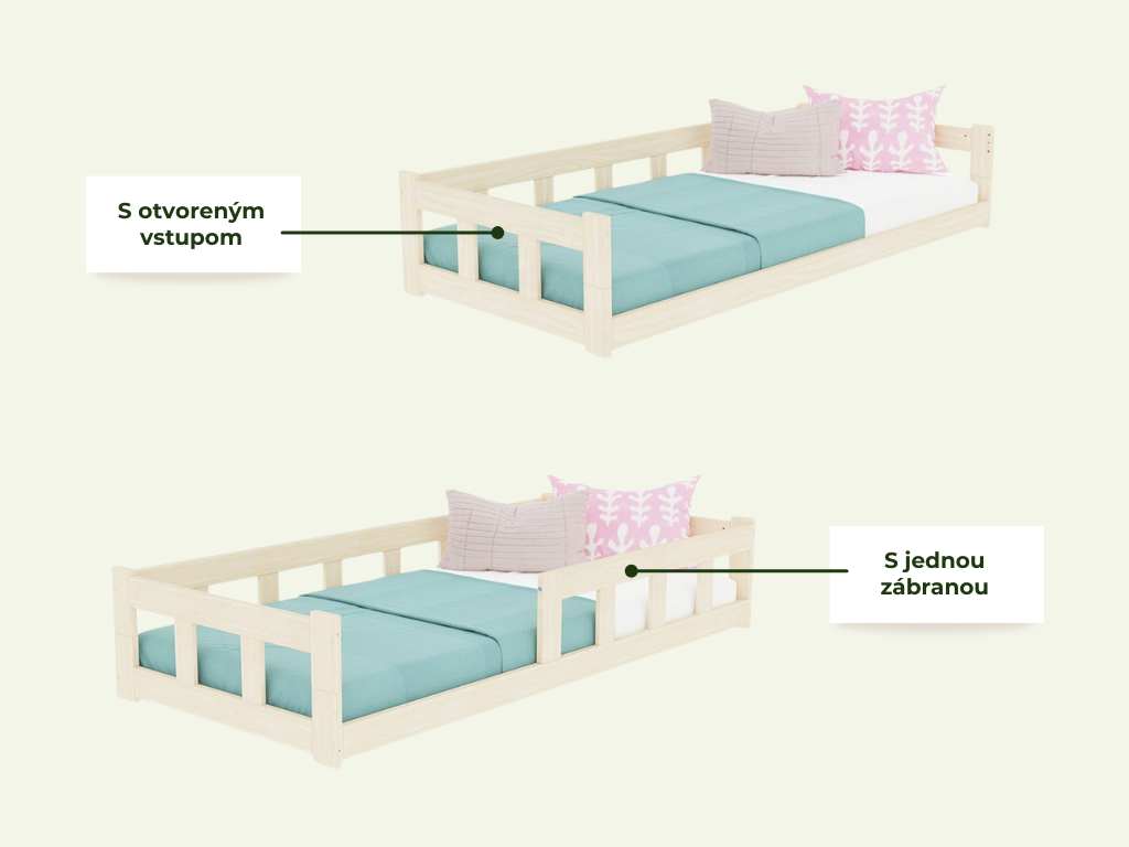 Benlemi Nízka jednolôžková posteľ FENCE 4v1 so zábranou Zvoľte farbu: Nelakovaná, Zvoľte rozmer: 80x180 cm, Zvoľte zábranu: S otvoreným vstupom