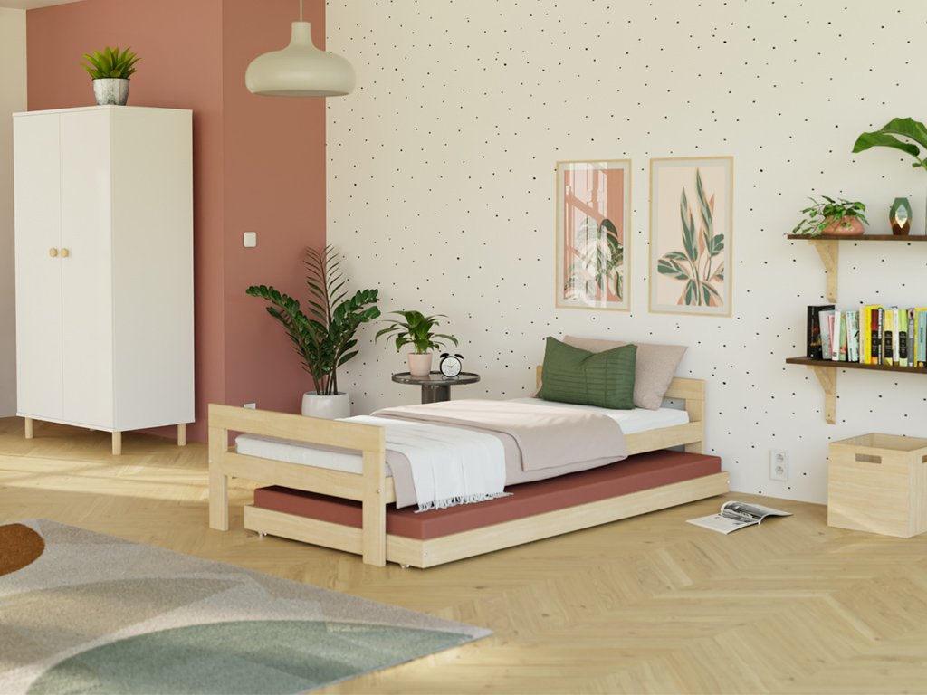 Benlemi Drevená výsuvná prístelka SLEEP pod posteľ na kolieskach Zvoľte farbu: Nelakovaná, Zvoľte rozmer: 80x150 cm (pod posteľ 80x160 cm), Zvoľte ty…