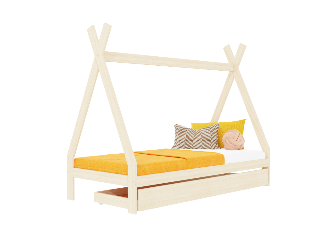 Benlemi Rastúca detská posteľ SWITCH 2v1 v tvare teepee s úložným šuplíkom Zvoľte farbu: Nelakovaná, Zvoľte rozmer: 90x200 cm