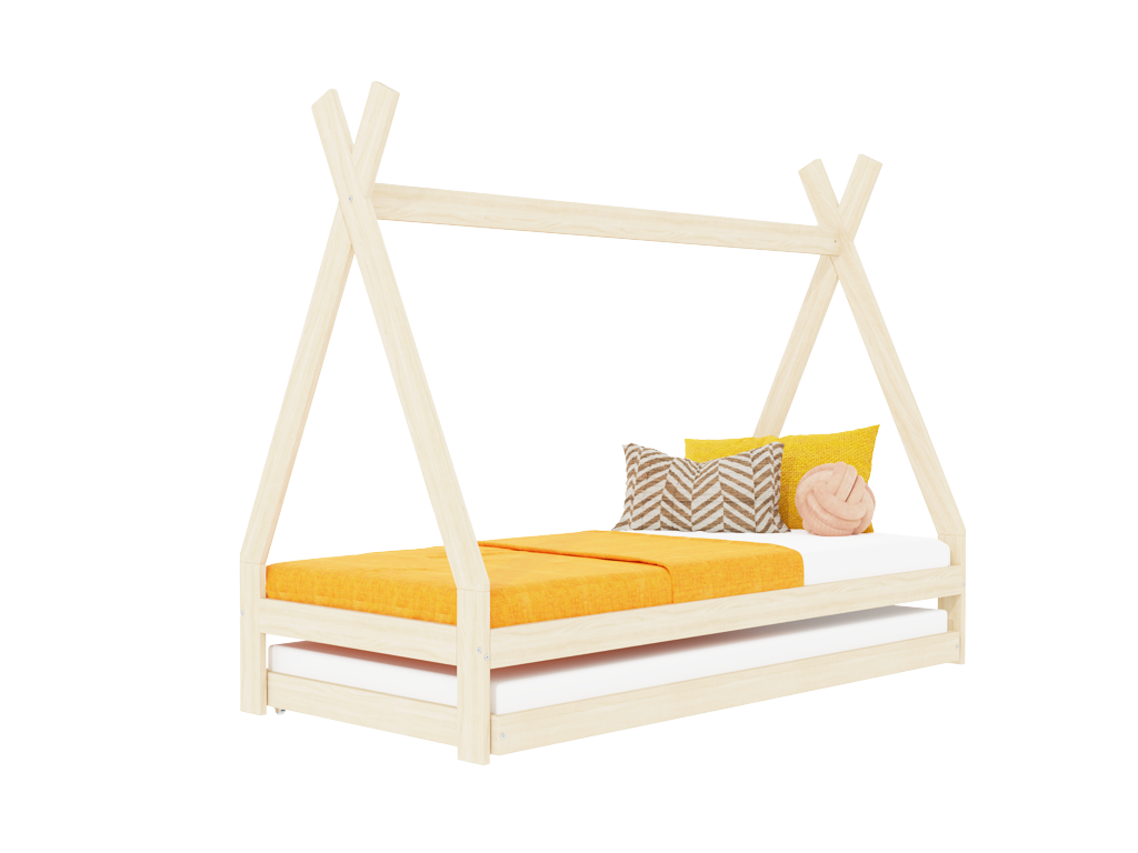 Benlemi Rastúca detská posteľ SWITCH 2v1 v tvare teepee s prístelkou Zvoľte farbu: Nelakovaná, Zvoľte rozmer: 90x180 cm