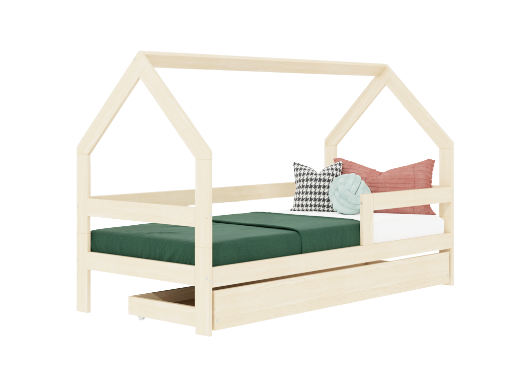 Benlemi Detská drevená posteľ domček SAFE 3v1 so zábranou a úložným šuplíkom Zvoľte farbu: Šalviová zelená, Zvoľte rozmer: 90x200 cm, Zvoľte zábranu: S jednou zábranou