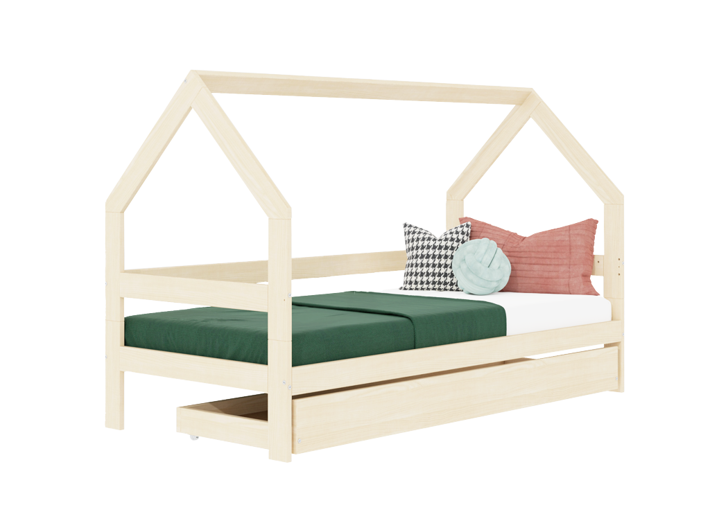 Benlemi Detská drevená posteľ domček SAFE 3v1 so zábranou a úložným šuplíkom Zvoľte farbu: Svetlo sivá, Zvoľte rozmer: 90x160 cm, Zvoľte zábranu: S otvoreným vstupom