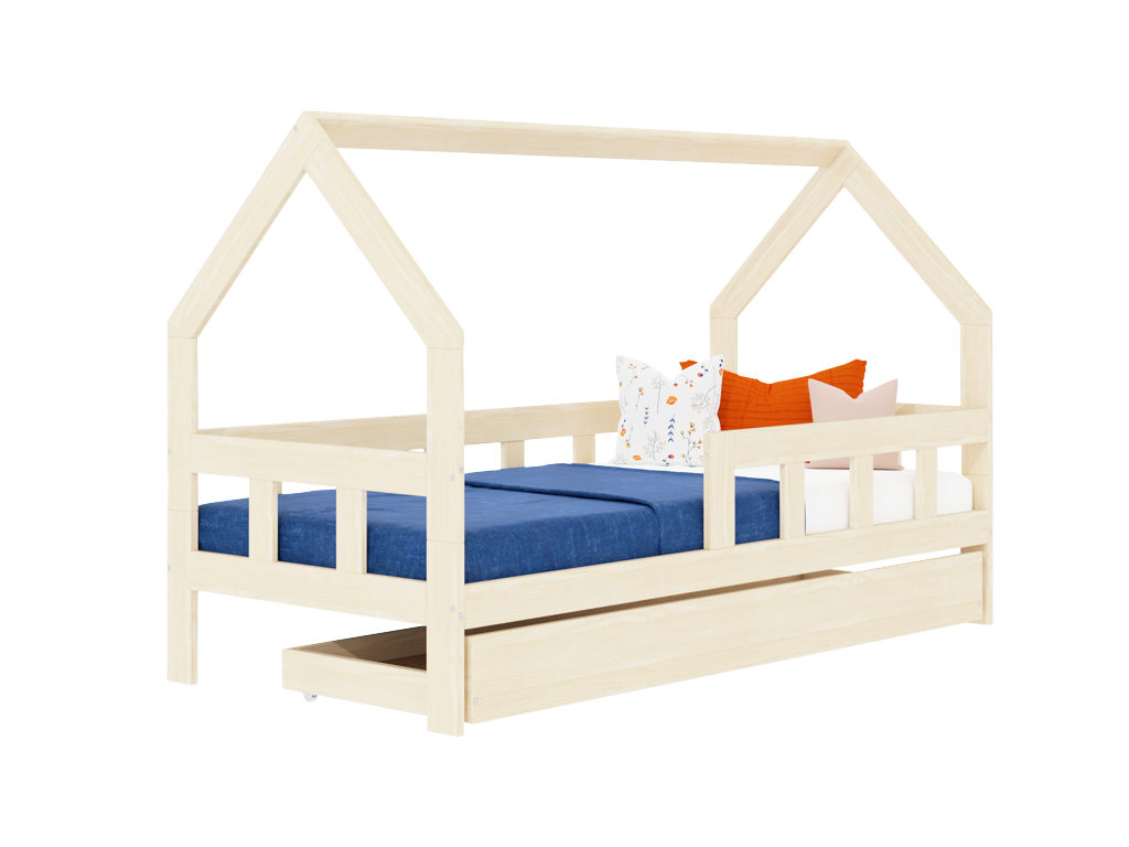 Benlemi Detská posteľ domček FENCE 2v1 z dreva so zábranou a úložným šuplíkom Zvoľte farbu: Šalviová zelená, Zvoľte rozmer: 90x160 cm, Zvoľte zábranu: S jednou zábranou