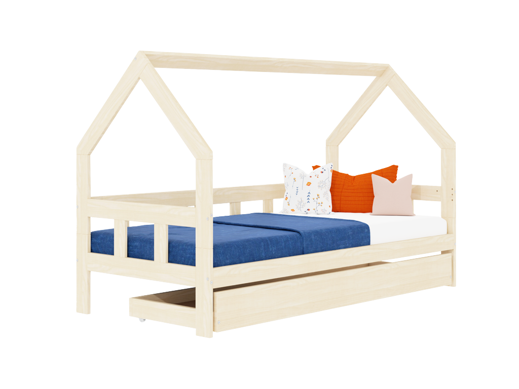 Benlemi Detská posteľ domček FENCE 2v1 z dreva so zábranou a úložným šuplíkom Zvoľte farbu: Šalviová zelená, Zvoľte rozmer: 90x160 cm, Zvoľte zábranu: S otvoreným vstupom
