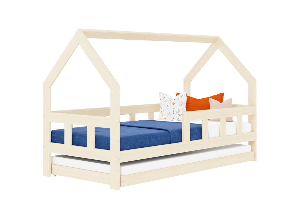 Benlemi Detská posteľ domček FENCE 2v1 z dreva so zábranou a prístelkou Zvoľte farbu: Nelakovaná, Zvoľte rozmer: 90x190 cm, Zvoľte zábranu: S jednou zábranou