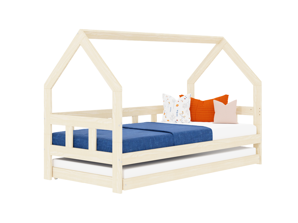 Benlemi Detská posteľ domček FENCE 2v1 z dreva so zábranou a prístelkou Zvoľte farbu: Šalviová zelená, Zvoľte rozmer: 90x160 cm, Zvoľte zábranu: S otvoreným vstupom