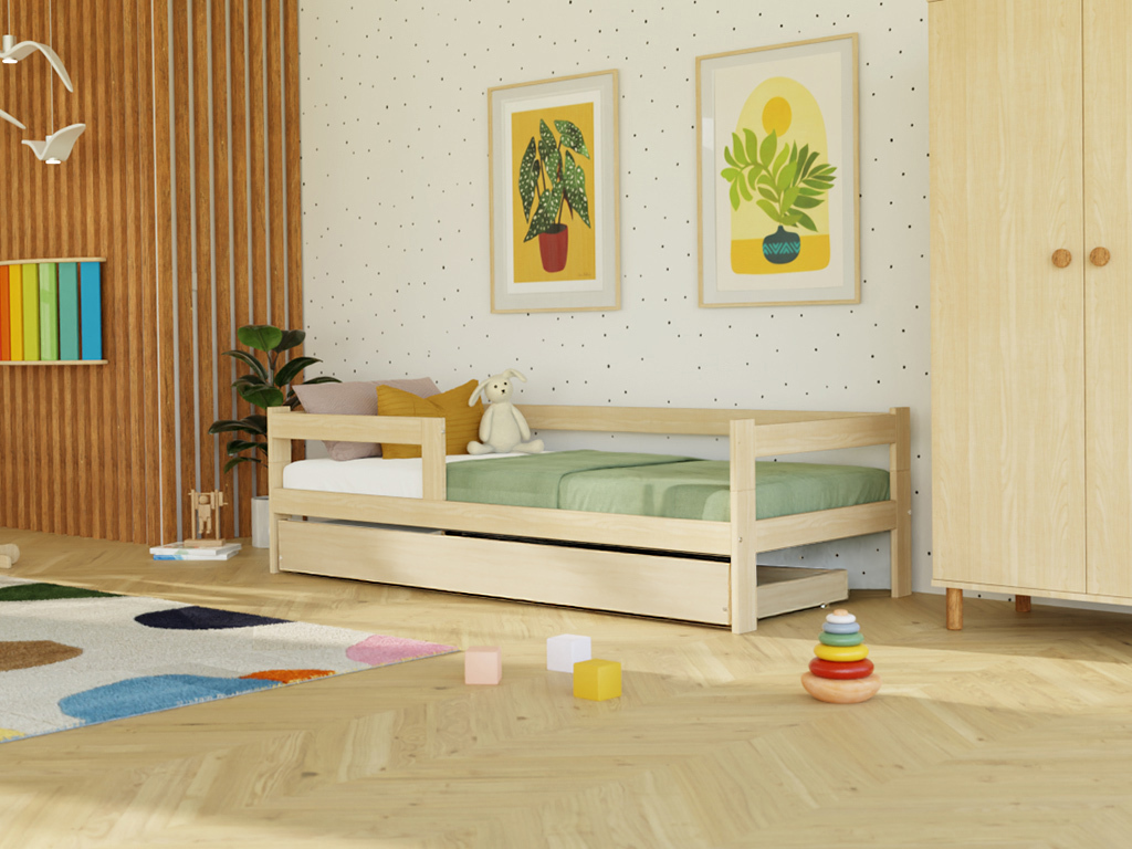 E-shop Benlemi Jednolôžková posteľ z dreva SAFE 5v1 so zábranou a úložným šuplíkom Zvoľte farbu: Nelakovaná, Zvoľte rozmer: 120x200 cm, Zvoľte zábranu: S je…