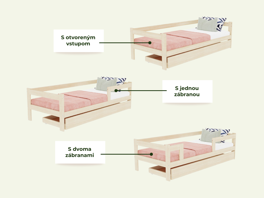 Benlemi Jednolôžková posteľ z dreva SAFE 5v1 so zábranou a prístelkou Zvoľte farbu: Biela, Zvoľte rozmer: 90x200 cm, Zvoľte zábranu: S jednou zábranou