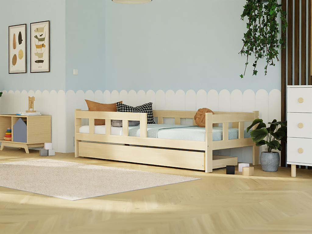 E-shop Benlemi Drevená jednolôžková posteľ FENCE 4v1 so zábranou a úložným šuplíkom Zvoľte farbu: Béžová, Zvoľte rozmer: 120x200 cm, Zvoľte zábranu: S jedno…