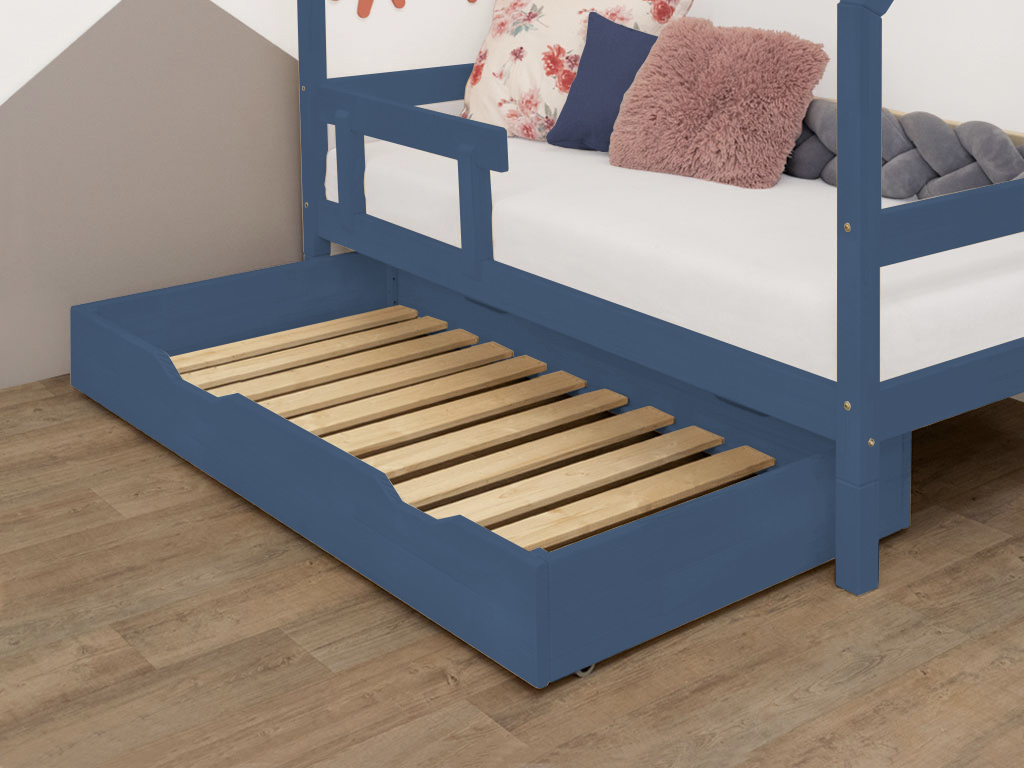 Benlemi Námornícko modrý drevený šuplík BUDDY na kolieskach s dvoma výrezmi a roštom 120x170 cm (pod postel 120x190 cm)