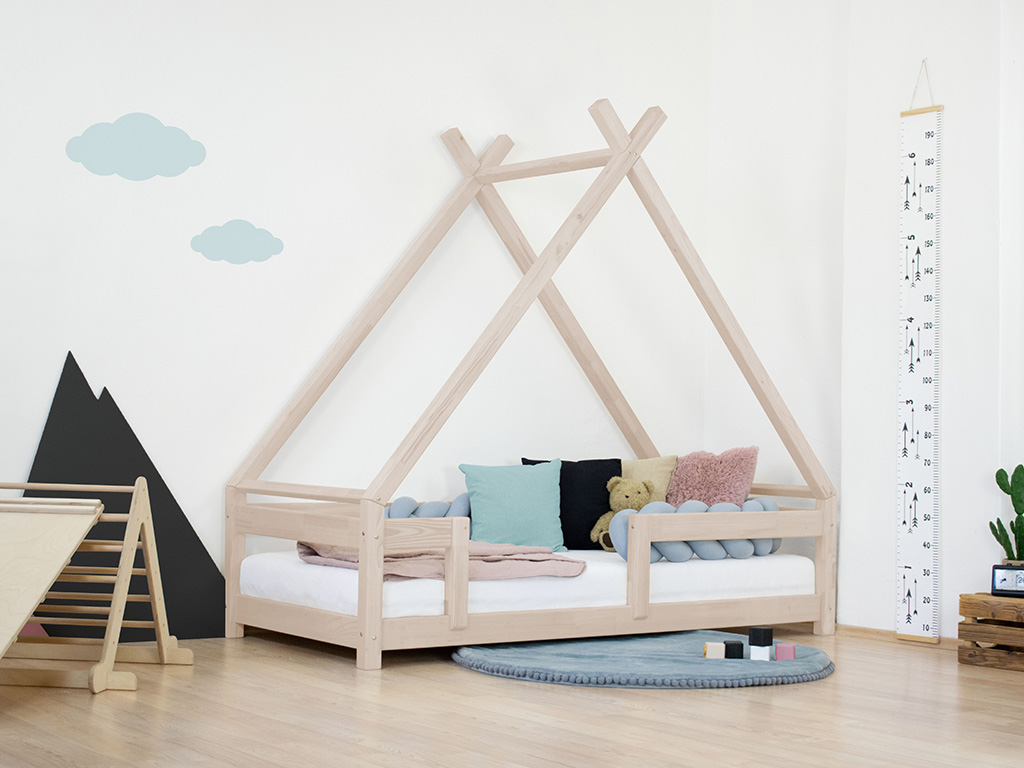 Benlemi Béžová detská domčeková posteľ TAHUKA v tvare típí s bezpečnostnou zábranou 120x200 cm