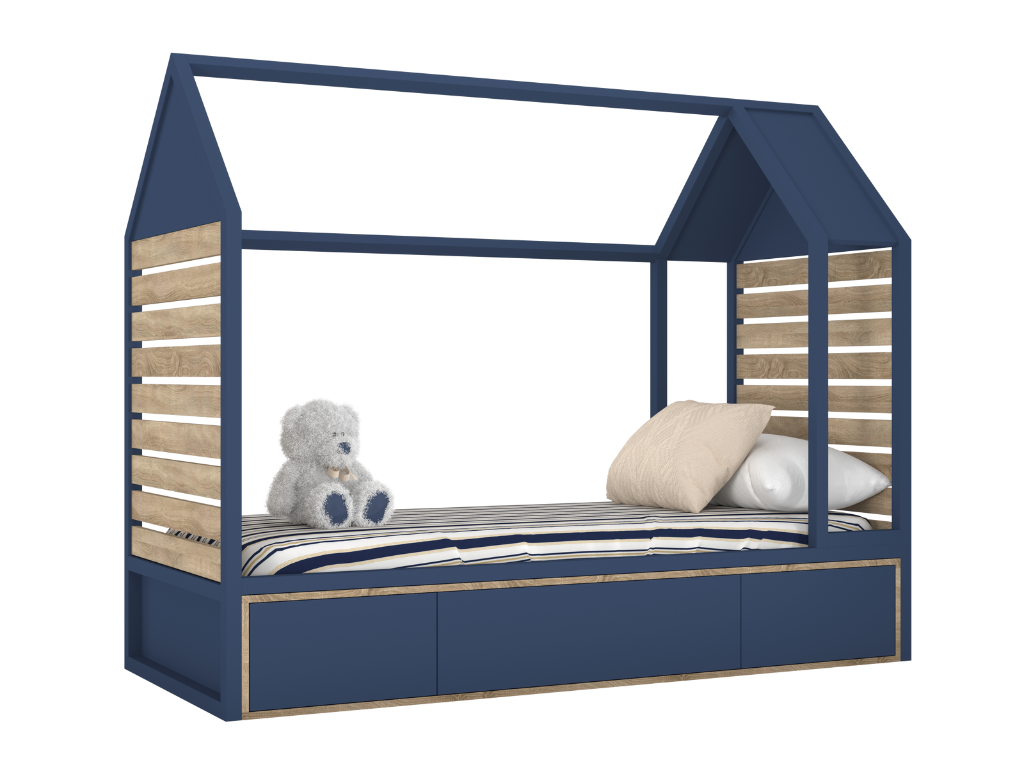 BAMI Detské drevené jednolôžko domček s úložným priestorom TUTU 90x200 cm Zvoľte farbu: Modrá, dub sonoma