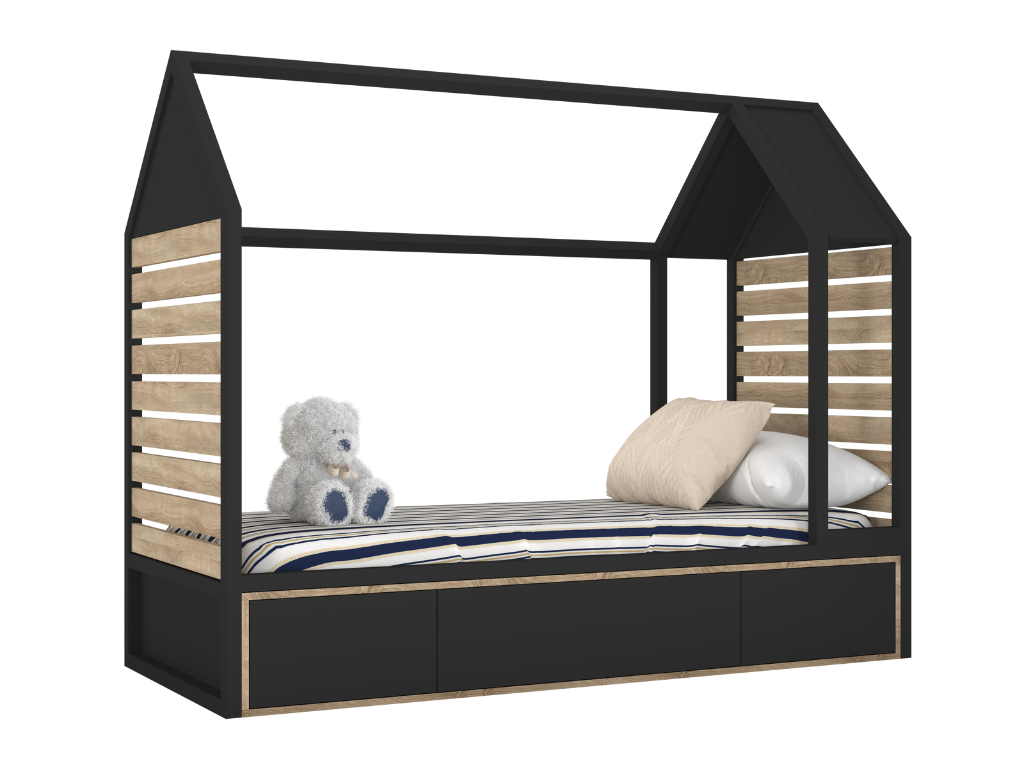 BAMI Detské drevené jednolôžko domček s úložným priestorom TUTU 90x200 cm Zvoľte farbu: Čierna, dub sonoma
