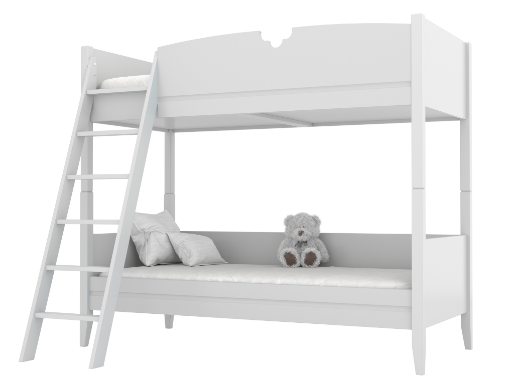 BAMI Detská drevená poschodová posteľ BIBI 90x200 cm s rebríkom a polkvetinovým výrezom Zvoľte farbu: Biela, Zvoľte stranu: Vľavo