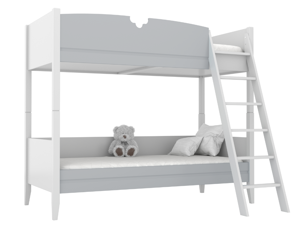 BAMI Detská drevená poschodová posteľ BIBI 90x200 cm s rebríkom a polkvetinovým výrezom Zvoľte farbu: Šedá, Zvoľte stranu: Vpravo