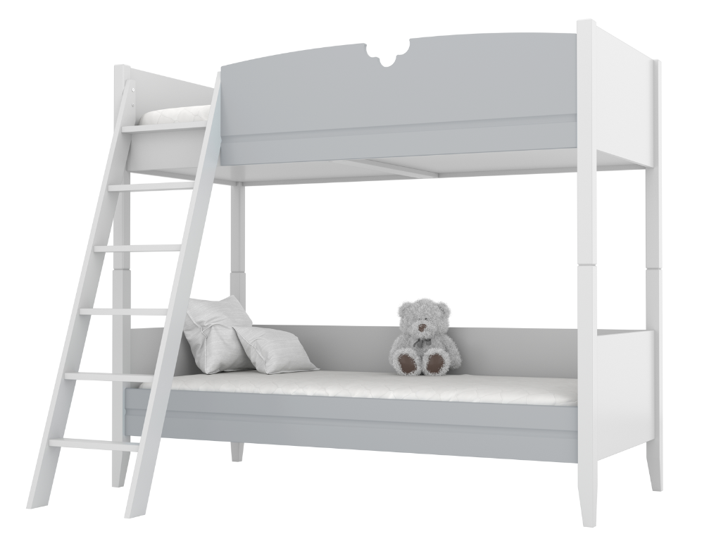 BAMI Detská drevená poschodová posteľ BIBI 90x200 cm s rebríkom a polkvetinovým výrezom Zvoľte farbu: Šedá, Zvoľte stranu: Vľavo