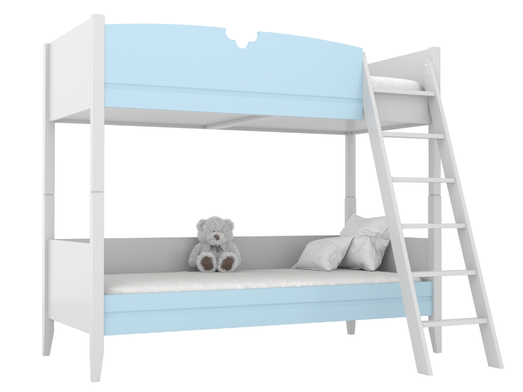 BAMI Detská drevená poschodová posteľ BIBI 90x200 cm s rebríkom a polkvetinovým výrezom Zvoľte farbu: Modrá, Zvoľte stranu: Vpravo