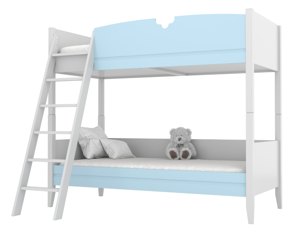 BAMI Detská drevená poschodová posteľ BIBI 90x200 cm s rebríkom a polkvetinovým výrezom Zvoľte farbu: Modrá, Zvoľte stranu: Vľavo