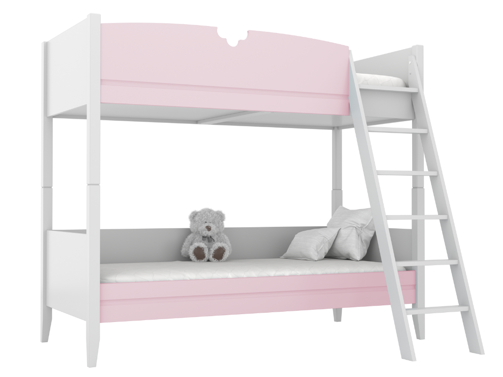BAMI Detská drevená poschodová posteľ BIBI 90x200 cm s rebríkom a polkvetinovým výrezom Zvoľte farbu: Ružová, Zvoľte stranu: Vpravo