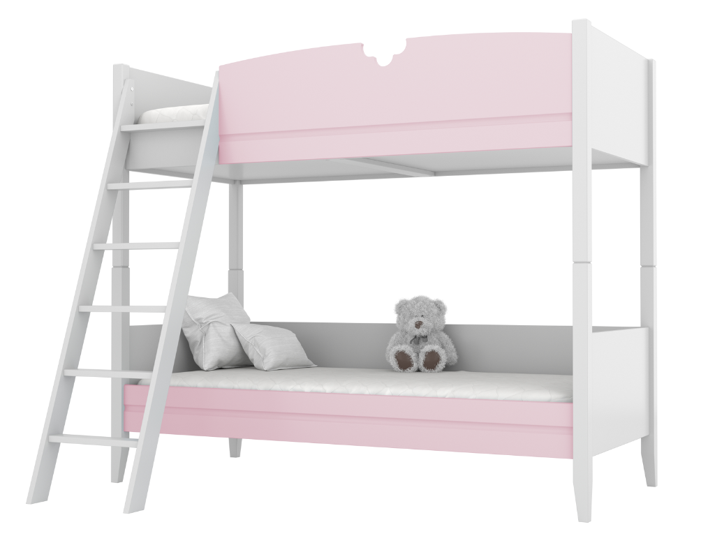 BAMI Detská drevená poschodová posteľ BIBI 90x200 cm s rebríkom a polkvetinovým výrezom Zvoľte farbu: Ružová, Zvoľte stranu: Vľavo