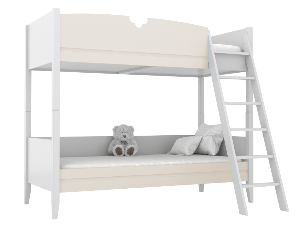 BAMI Detská drevená poschodová posteľ BIBI 90x200 cm s rebríkom a polkvetinovým výrezom Zvoľte farbu: Krémová, Zvoľte stranu: Vpravo