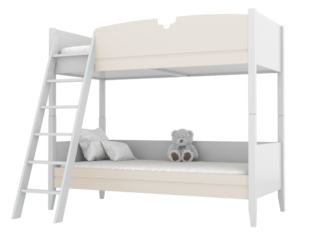 BAMI Detská drevená poschodová posteľ BIBI 90x200 cm s rebríkom a polkvetinovým výrezom Zvoľte farbu: Krémová, Zvoľte stranu: Vľavo
