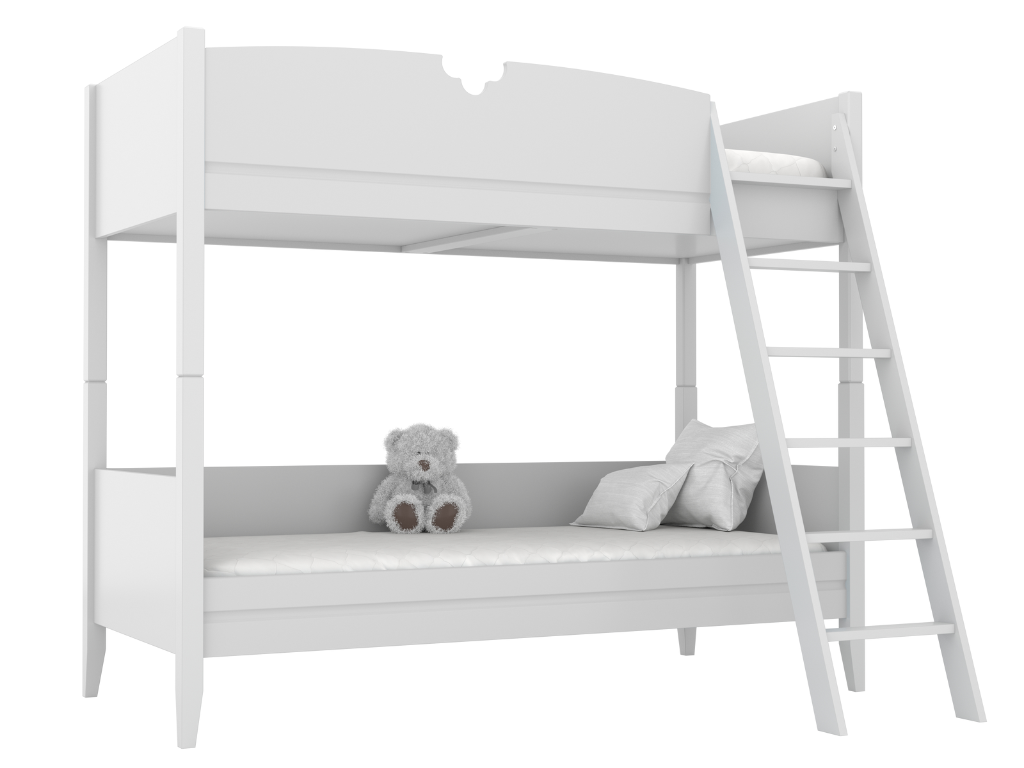 BAMI Detská drevená poschodová posteľ BIBI 90x200 cm s rebríkom a polkvetinovým výrezom Zvoľte farbu: Biela, Zvoľte stranu: Vpravo